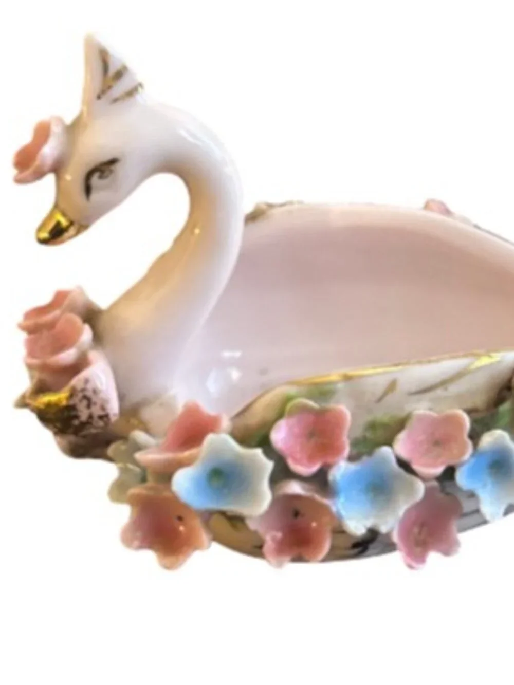 Japan Vintage Porcelain Swan Trinket Dish Planter Gold Trim 3D Pink Blue